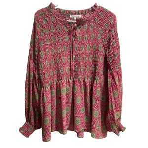 Rose‎ + Olive Pink and Green Boho Smocked Long Sleeve Blouse size Medium